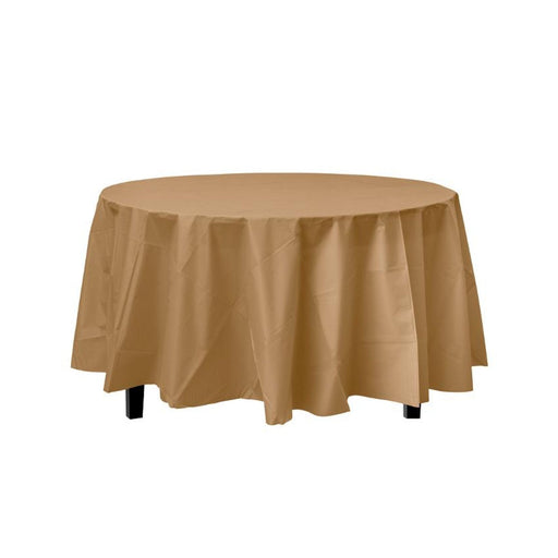 Gold Decorations | Round Gold Table Cloth | Round Plastic Table Cover - Gold - 84in. - 1 Piece (fdp91008)