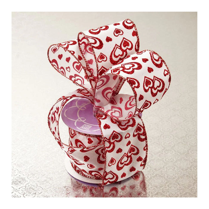 Wide Red Heart Ribbon | Wired Heart Ribbon | Lots Of Love Glitter Ribbon - Red and White Metallic - 1 1/2in. x 10 Yds (pm563011502)